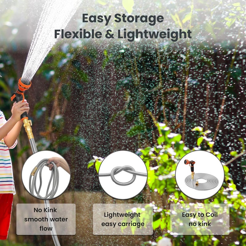 Giraffe Tools خرطوم حديقة جيراف 75 قدم × 5/8 بوصة، خرطوم ماء معدني من الفولاذ المقاوم للصدأ 304، خرطوم ماء حديقة بدون تشابك مع فوهة رش بـ 9 أنماط، خرطوم مرن وخفيف الوزن، خرطوم خالي من التشابك للحديقة، في الهواء الطلق - Image 3